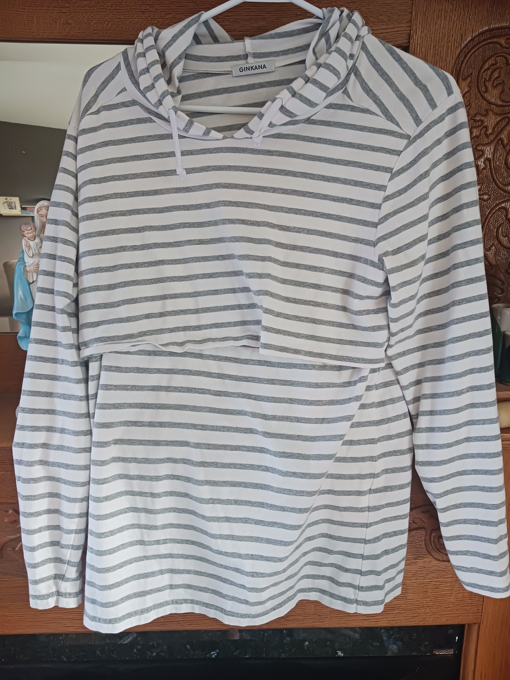 Ginkana Cotton White and Gray Striped Hooded Nursing Sweatshirt